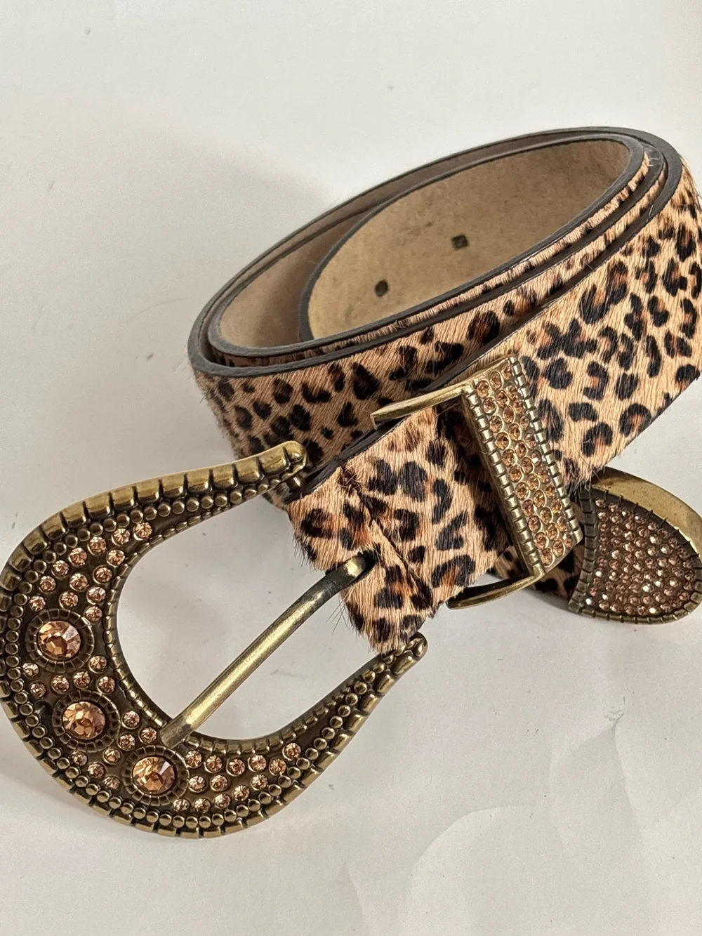 Chicos western glam Leopard Print Rhinestone Western Belt - Gold Buckle